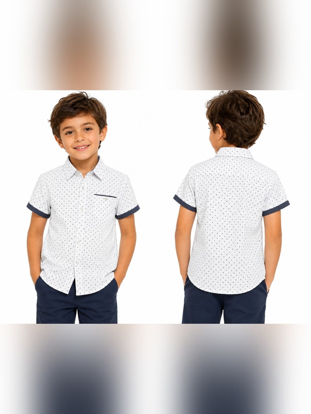 Boys' Short Sleeve White Dot Print Shirt with Navy Trim